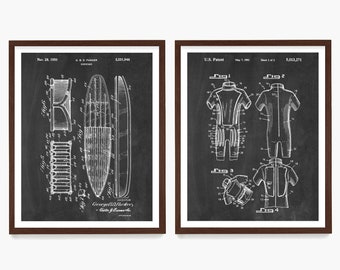 Surfing Wall Art, Surfboard and Wetsuit Patent Poster Set, Surfer Gift Idea, Beach House Decor