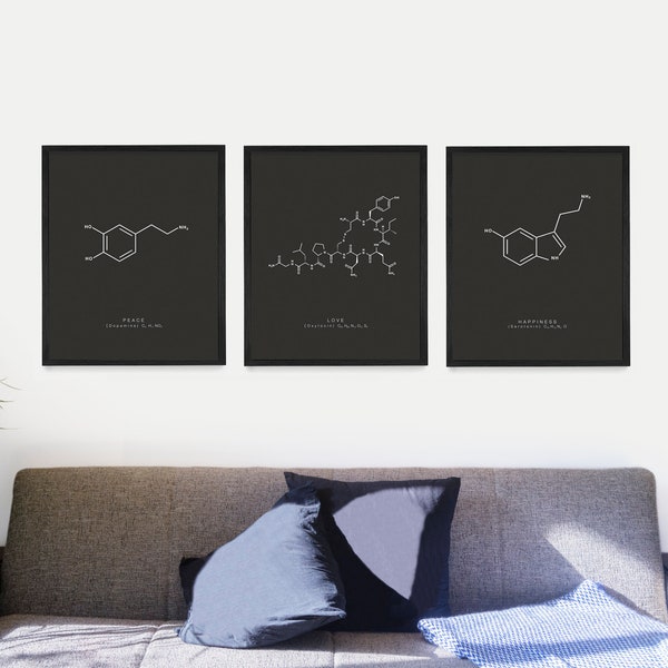 Peace Love & Happiness Molecules Wall Art, Serotonin, Oxytocin, Dopamine, Molecule Poster, Brain Chemistry Poster Bundle