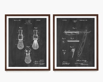 Shaving Patent Art, Bathroom Decor, Men's Bathroom Art, Bathroom Wall Art, Razor Patent, Shaving Brush Patent, Housewarming, Vintage Shaving