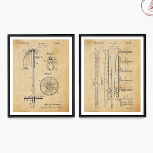 Pôsteres de patentes de esqui, arte de parede de esqui, decoração de chalé de esqui, presente para esquiador, equipamento de esqui vintage