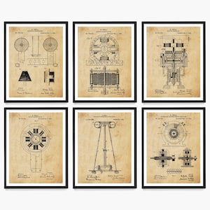 May include: Set of six vintage-style prints featuring black and white illustrations of Nikola Tesla's patents for electrical inventions. The prints have a beige background and are framed in black.