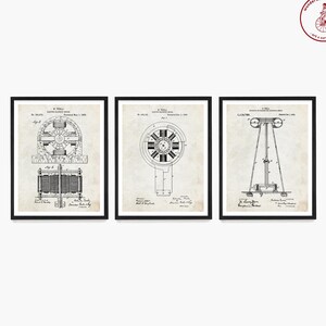 May include: Three black and white patent drawings of Nikola Tesla's inventions. The first drawing shows a  'Electro Magnetic Motor' with the patent number 514,170. The second drawing shows an 'Electro Magnetic Motor' with the patent number 436,216. The third drawing shows a 'System of Transmission of Electrical Energy' with the patent number 1,119,732.