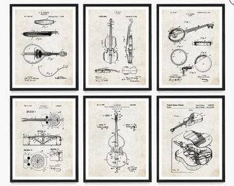 Bluegrass Music Instrument Patent Art Print: Mandolin, Banjo, Guitar, Fiddle