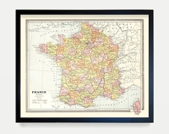 France Map, French Map, Map Art, Map Decor, Europe, France Art, France Decor, Vintage France, French Map, French Art, Paris Art