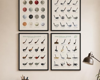 Op de afbeelding: Vier ingelijste wandposters met de titels Evolution of the Golf Ball, Evolution of the Golf Club, Evolution of the Golf Club en Evolution of the Putter, elk met een raster van diverse historische illustraties van golfuitrusting.