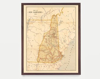 New Hampshire Map Wall Art, NH Map, New England Home, State Map Decor, New Hampshire Art, New Hampshire Poster