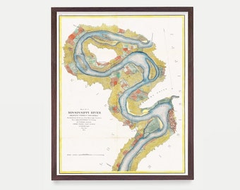 Mississippi River Map Wall Art, Antique Map Reproduction, Louisiana Home Decor