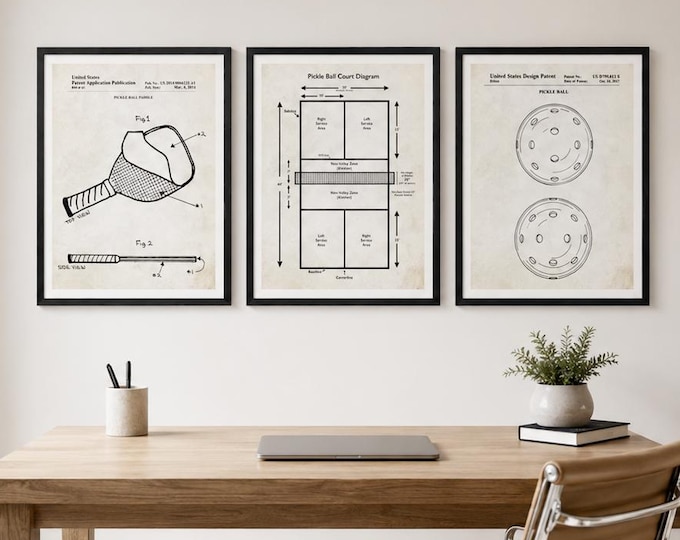 Pickleball Patent Wall Art Bundle, Pickleball Paddle, Pickleball Court Diagram Poster, Pickleball Gift