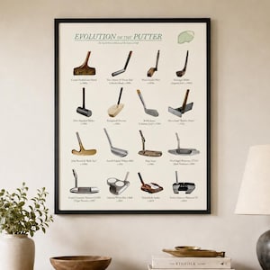 Könnte beinhalten: Ein gerahmtes Wandposter mit dem Titel Evolution of the Putter, das ein Raster aus zwölf historischen Golf-Putter-Illustrationen mit Daten von 1800 bis 2000 zeigt. Der Druck ist auf cremefarbenem Hintergrund mit schwarzem Text und Zeichnungen.