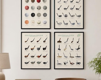 Op de afbeelding: Vier ingelijste wandposters met de evolutie van golfuitrusting, waaronder golfballen, golfclubs en putters. Elke poster toont een raster van historische illustraties met tekstlabels op een lichte achtergrond in zwarte lijsten.