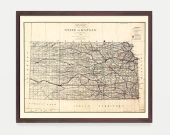 Arte del mapa de Kansas, cartel de Kansas, decoración del hogar de Kansas, arte de la pared de Kansas, Kansas City, Topeka, Wichita, regalo de bienvenida