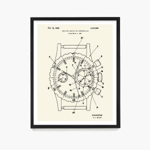 Może przedstawiać: Czarno-biały rysunek liniowy patentu na zegarek. Patent dotyczy zegarka do żeglowania i nurkowania. Patent został złożony 2 marca 1967 r. i przyznany 18 lutego 1969 r. Numer patentu to 3 427 800. Wynalazcą jest H. L. Blum.