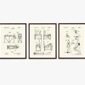 May include: Three black and white patent drawings in brown frames. The first drawing shows a machine for exercising the arms and legs. The second drawing shows a chair with a mechanism for exercising the legs. The third drawing shows a person using a machine for exercising the legs.