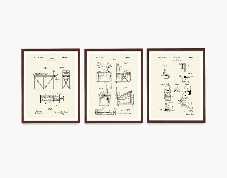 May include: Three black and white patent drawings in brown frames. The first drawing shows a machine for exercising the arms and legs. The second drawing shows a chair with a mechanism for exercising the legs. The third drawing shows a person using a machine for exercising the legs.