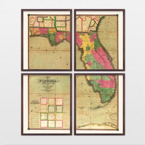 Kaart van Florida, antieke kaart, kunst van Florida, kunst aan de muur Florida, staatskaart, vintage kaart, staatskunst, Miami, Orlando, kaartkunst, woondecoratie