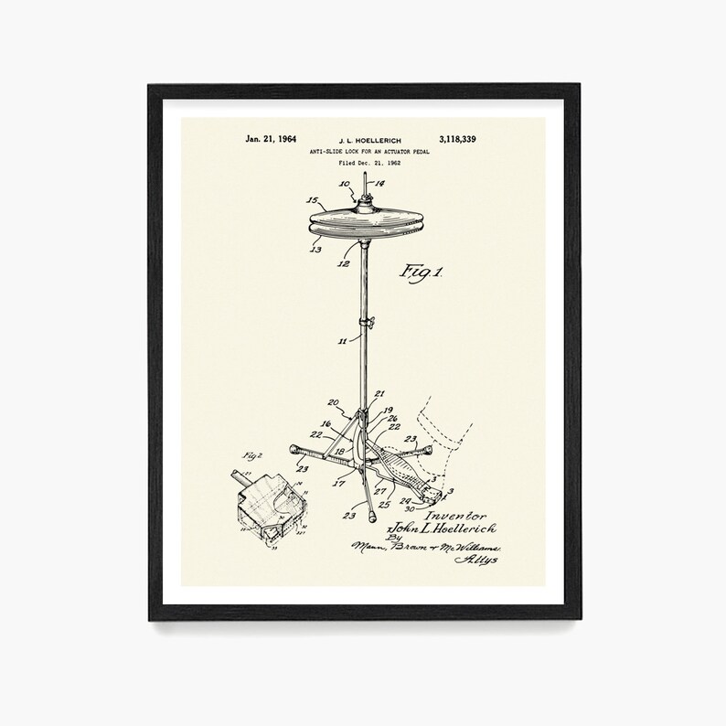 May include: Black and white line drawing of a patent for an anti-slide lock for an actuator pedal. The drawing shows a hi-hat stand with a cymbal on top. The patent number is 3,118,339 and the date is January 21, 1964.