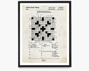 Crossword Puzzle Patent Art, Crossword Puzzle Gift, Crossword Puzzler, Game Decor