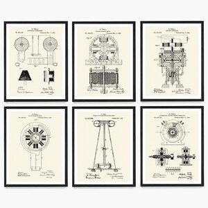 May include: A set of six black and white vintage patent prints featuring illustrations of Nikola Tesla's inventions. The prints are framed in black frames and have a white background. The prints include illustrations of Tesla's electric motor, alternating current generator, and wireless transmission system.