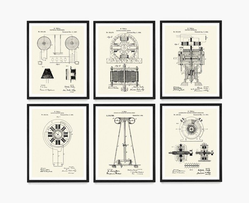 May include: A set of six black and white vintage patent prints featuring illustrations of Nikola Tesla's inventions. The prints are framed in black frames and have a white background. The prints include illustrations of Tesla's electric motor, alternating current generator, and wireless transmission system.