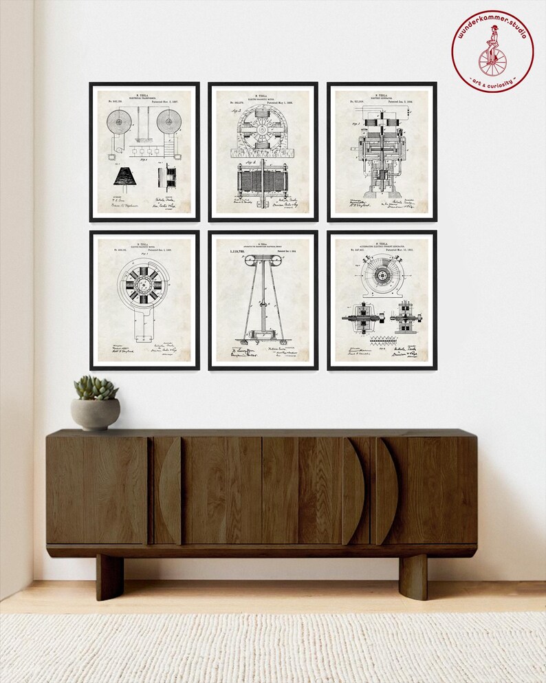 May include: Set of six vintage black and white electrical engineering patent prints. The prints feature illustrations of different types of electrical motors and generators. The prints are framed and displayed on a wall above a wooden cabinet.