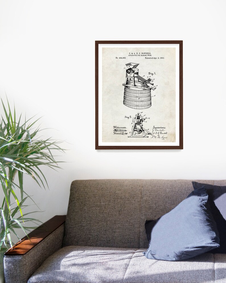 May include: A vintage patent drawing for an apparatus for making wine, patent number 404,002, patented April 4, 1889. The drawing shows a wine press with a barrel and a lever.