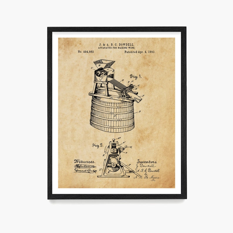 May include: A vintage black and white illustration of a patent for a wine making apparatus. The patent is titled "Apparatus for Making Wine" and is numbered 494,982. The patent was issued on April 4, 1893, to J. & A. B. C. Dowdell.