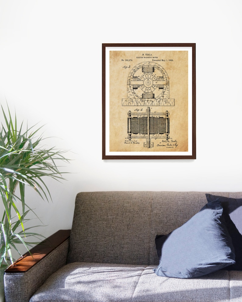 May include: A vintage, sepia-toned patent drawing for an electric magnetic motor, invented by Nikola Tesla. The patent number is 381,970 and the date is May 1, 1888. The drawing shows a detailed diagram of the motor's design.