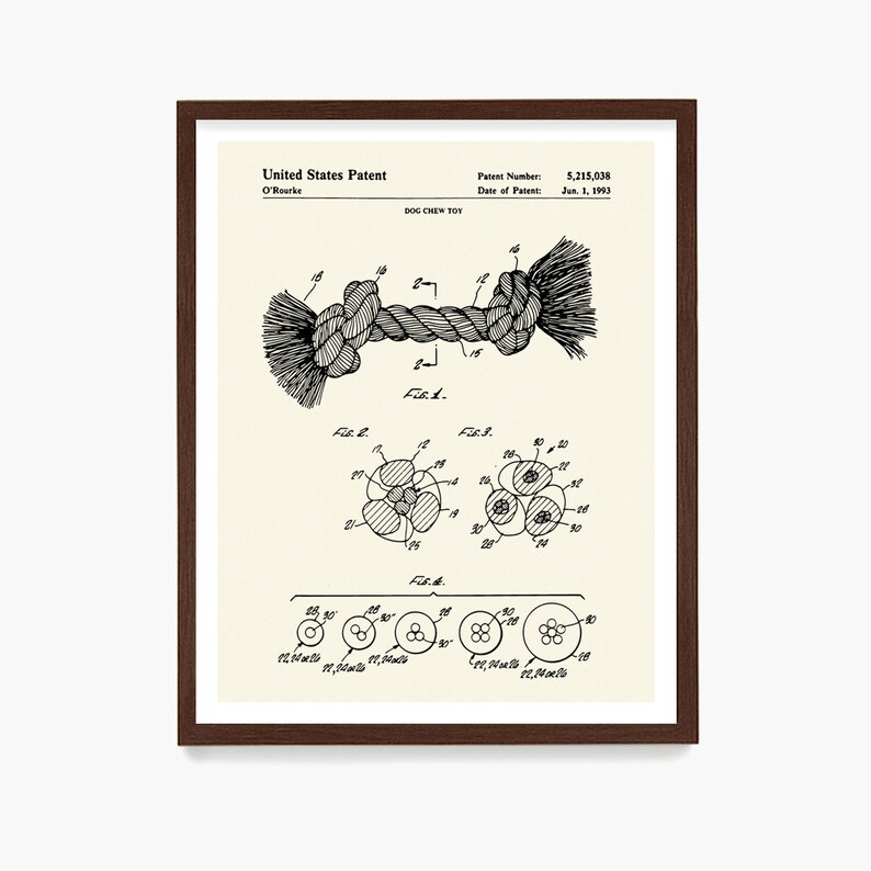 May include: A black and white line drawing of a patent for a dog chew toy. The patent number is 5,215,038 and the date of the patent is June 1, 1993. The drawing shows a rope toy with a knot in the middle.
