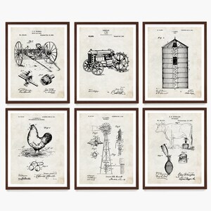 Stampe artistiche di brevetti agricoli: trattore, silo, mulino a vento - Decorazioni per la fattoria