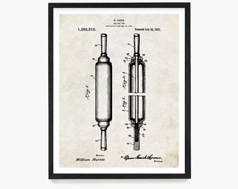 Rolling Pin Patent Print, Baking Poster, Baking Patent, Kitchen Wall Art, Kitchen Remodel, Baking Gift, Cooking Poster, Food Art