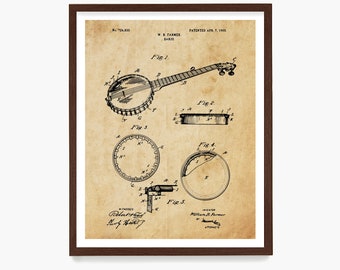 Banjo Patent Print, Banjo Poster, Music Patent, Banjo Wall Art, Musician, Music Poster, Bluegrass Art, Country Music, Bela Fleck