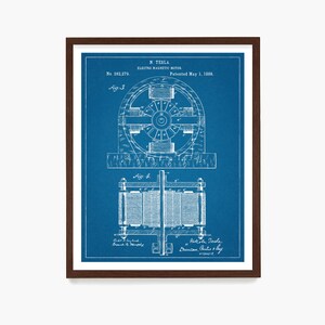 May include: A blue and white blueprint of Nikola Tesla's electro magnetic motor patent, No. 382,279, patented May 1, 1888. The patent drawing shows a detailed diagram of the motor's design.