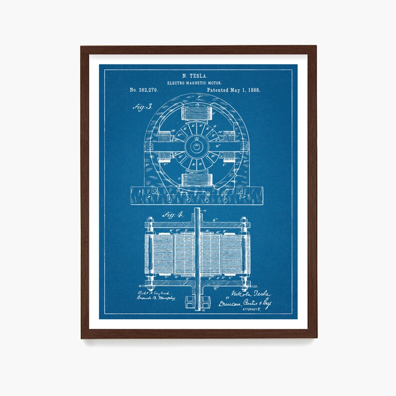 May include: A blue and white blueprint of Nikola Tesla's electro magnetic motor patent, No. 382,279, patented May 1, 1888. The patent drawing shows a detailed diagram of the motor's design.