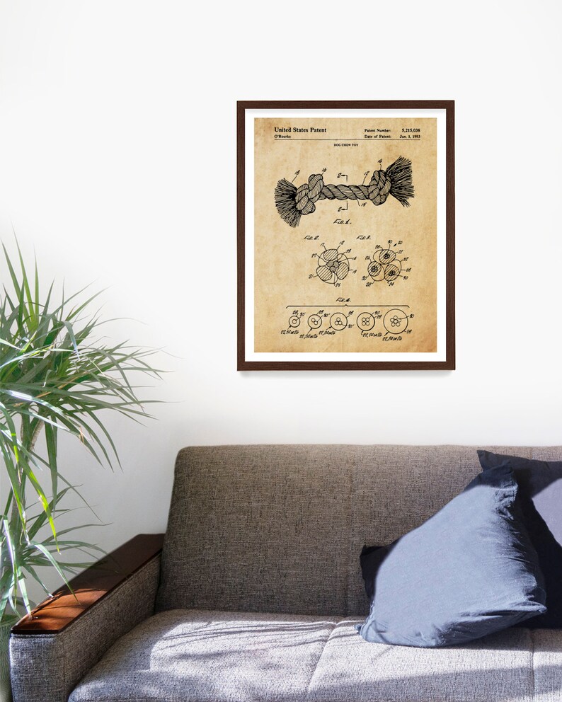 May include: A vintage patent drawing for a dog toy, a rope with a knot in the middle. The patent number is 5,115,108 and the date of patent is Jan. 5, 1992.
