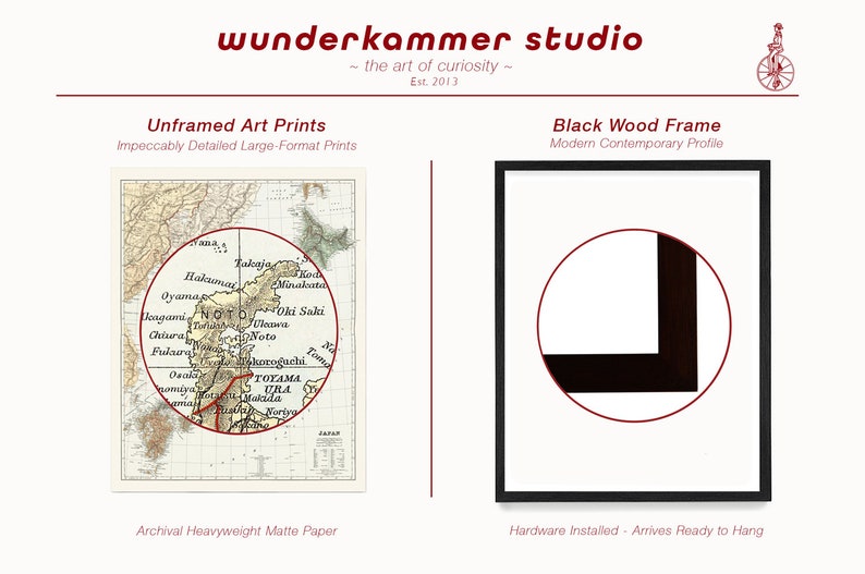 May include: A vintage map of Japan with a red circle highlighting the Noto Peninsula. The map is printed on archival heavyweight matte paper and is available framed or unframed.