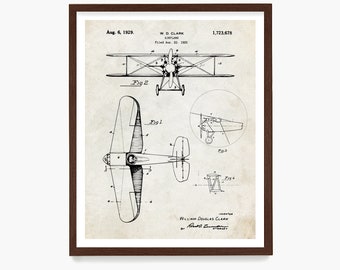 Airplane Patent Art, Staggered Biplane Patent Print, Airplane Poster, Aviation Wall Art, Pilot Gift, Airplane Gift