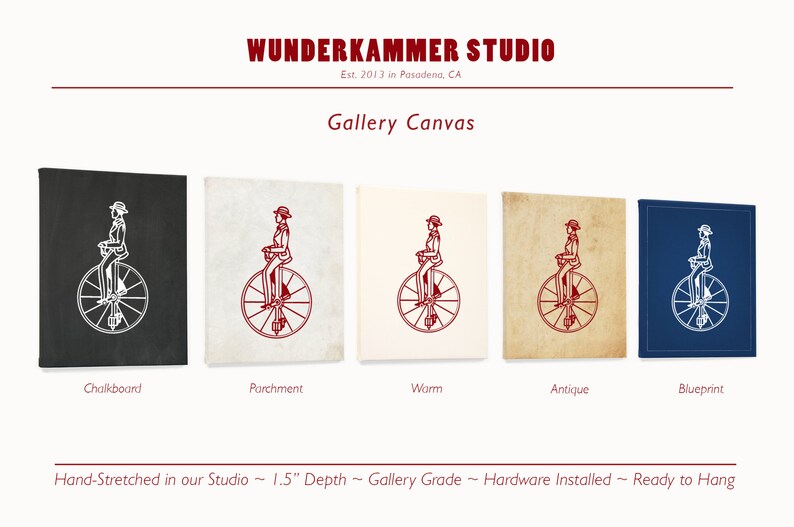 Peut inclure: Cinq impressions sur toile de galerie diff&eacute;rentes d'une illustration vintage d'une personne &agrave; v&eacute;lo &agrave; grande roue. Les impressions sont dans cinq styles diff&eacute;rents&nbsp;: tableau noir, parchemin, chaud, antique et plan.