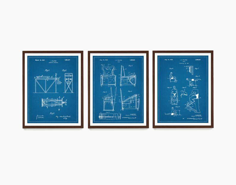 May include: Three blue patent drawings in brown frames. The drawings depict different types of exercise equipment. The first drawing shows a device for exercising the arms and legs. The second drawing shows a device for exercising the back and shoulders. The third drawing shows a device for exercising the legs.