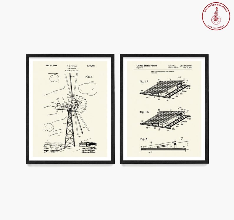 May include: Two black framed prints of vintage patent drawings. The left print shows a black and white illustration of a wind turbine. The right print shows a black and white illustration of a solar panel.