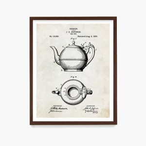 May include: A framed print of a vintage teapot design. The print features two detailed illustrations of the teapot, including a top-down view. The design is labeled "J. E. Jeffords, Tea Pot" and includes patent information.