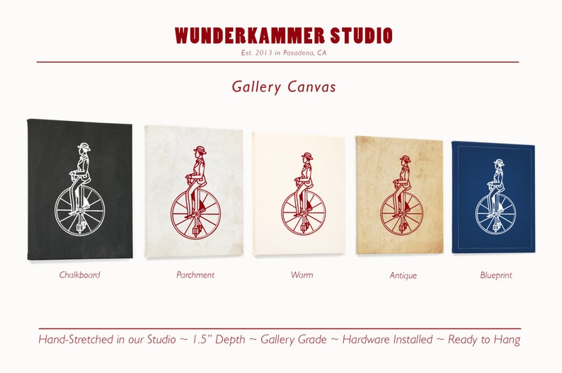 May include: Five different canvas prints of a vintage illustration of a person riding a penny-farthing bicycle. The prints are in five different styles: chalkboard, parchment, warm, antique, and blueprint.