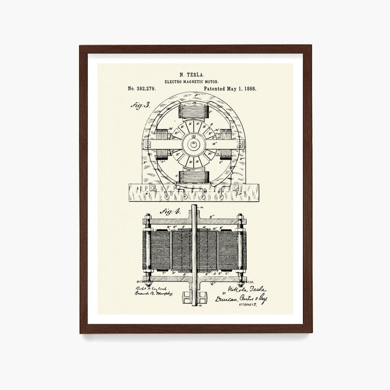 May include: Black and white line drawing of a patent for an electro magnetic motor by Nikola Tesla. The patent number is 382,279 and the date is May 1, 1888. The drawing shows a detailed diagram of the motor.