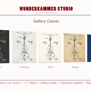 May include: Five different color variations of a vintage patent drawing of a double bass on a canvas print. The colors are chalkboard, parchment, warm, antique, and blueprint. The canvas is hand-stretched and 1.5 inches deep. The print is gallery grade and comes with hardware installed, ready to hang.