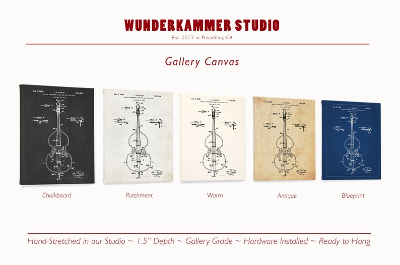 May include: Five different color variations of a vintage patent drawing of a double bass on a canvas print. The colors are chalkboard, parchment, warm, antique, and blueprint. The canvas is hand-stretched and 1.5 inches deep. The print is gallery grade and comes with hardware installed, ready to hang.