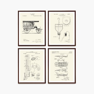 May include: Four framed vintage medical patent prints. The prints feature detailed black and white illustrations of an ambulance, blood transfusion equipment, a blood pressure device, and an ambulance cot. Each print is in a brown frame.