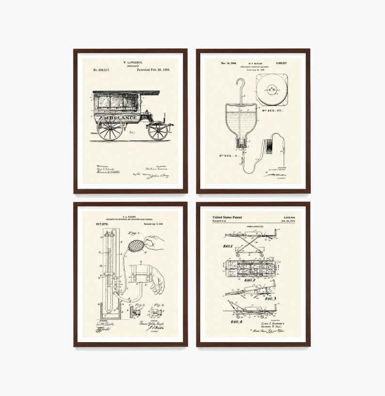 May include: Four framed vintage medical patent prints. The prints feature detailed black and white illustrations of an ambulance, blood transfusion equipment, a blood pressure device, and an ambulance cot. Each print is in a brown frame.