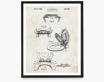 May include: A black and white vintage patent drawing for a toilet seat and cover. The drawing shows four different views of the invention, with labels and numbers indicating different parts. The patent number is 2,047,480 and the date is July 14, 1936. The inventor's name is H.C. Macdonald.