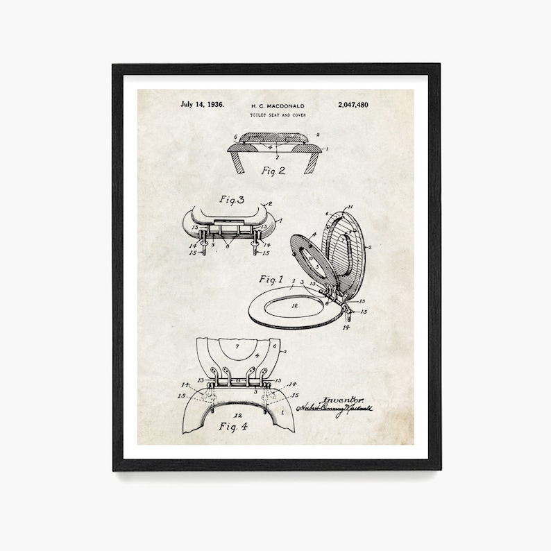 May include: A black and white vintage patent drawing for a toilet seat and cover. The drawing shows four different views of the invention, with labels and numbers indicating different parts. The patent number is 2,047,480 and the date is July 14, 1936. The inventor's name is H.C. Macdonald.