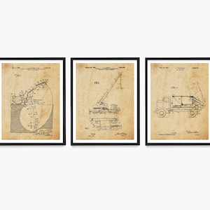 Construction Equipment Patent Art Prints: Crane, Dump Truck, Builder Decor