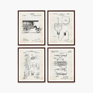 May include: Set of four framed vintage patent prints. The prints feature detailed black and white illustrations of medical and transportation inventions, including an ambulance, blood transfusion equipment, and other medical devices. The frames are a dark brown color.